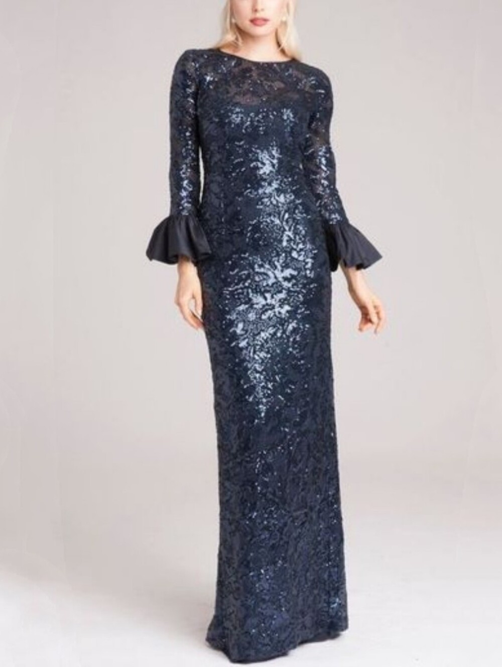 Rickie Freeman for Teri Jon Sequined Bell-Sleeve Sheath Maxi Dress Gown